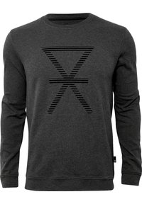 Sudadera gris oscuro con cuello redondo, mangas largas y un patrón geométrico texturizado en negro en la parte delantera.