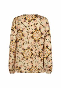 Blusa a maniche lunghe con motivo floreale nei colori arancione, rosa e nero su uno sfondo beige; tessuto leggero con una vestibilità rilassata.