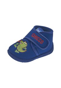 Modrá látková dětská botička s výšivkou zeleného dinosaura, suchý zip a měkká podrážka pro pohodlí; obsahuje nápis "CHICCO" v červeném písmu.
