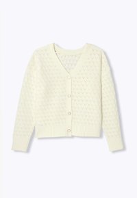 Cardigan en tricot ivoire avec un décolleté en V, un motif en losange texturé et des bordures côtelées. Équipé de six boutons ronds sur le devant.