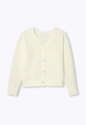 Cardigan en tricot ivoire avec un décolleté en V, un motif en losange texturé et des bordures côtelées. Équipé de six boutons ronds sur le devant.