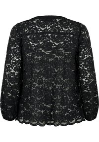 Svart långärmad spetsblus med blommönster, vågig fåll och semi-transparent tyg, visad bakifrån.