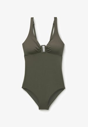 Bañador de una pieza verde oliva con tirantes ajustables y un detalle de hebilla rectangular en el centro del pecho.