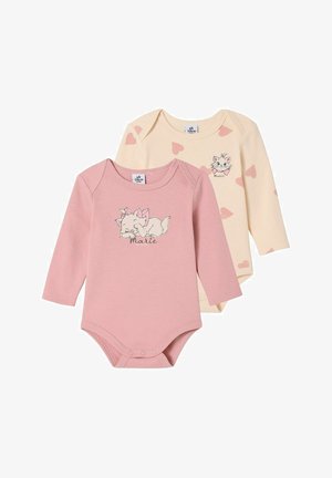 Two long-sleeve bodysuits: one pink with a kitten graphic, one cream with pink heart patterns. Soft cotton, snap closures at the bottom.