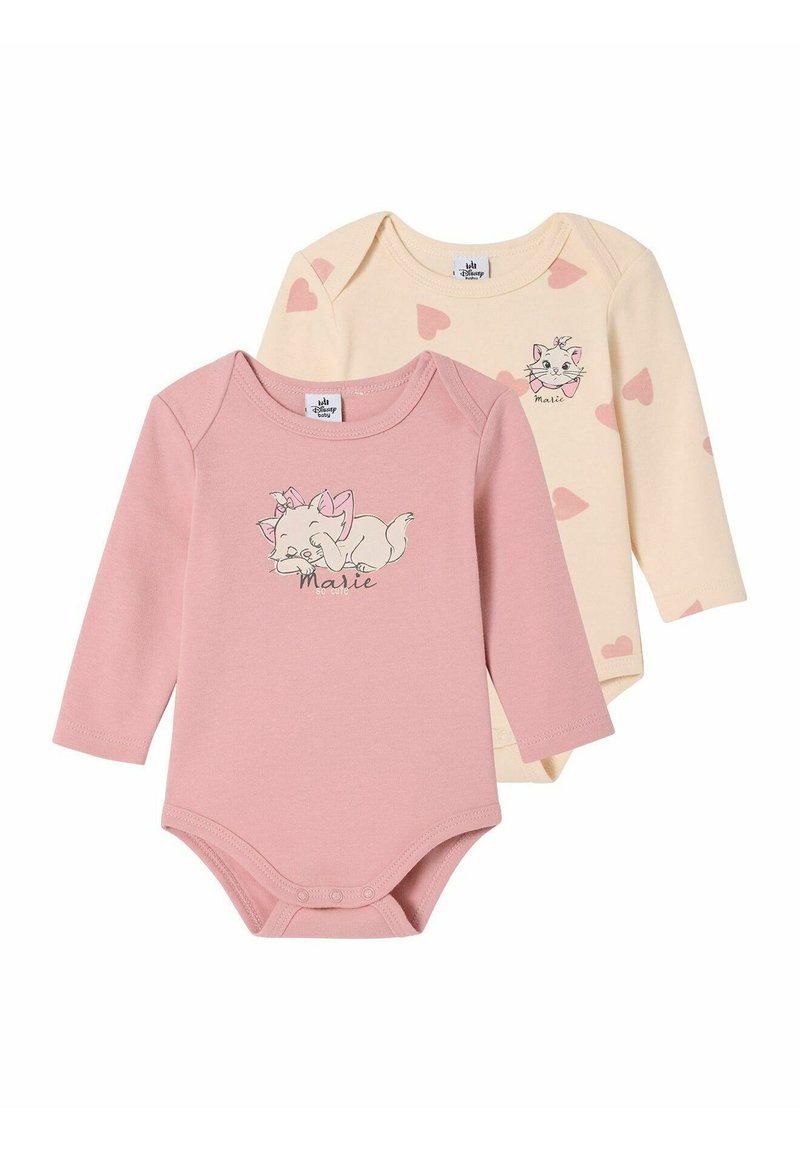 Two long-sleeve bodysuits: one pink with a kitten graphic, one cream with pink heart patterns. Soft cotton, snap closures at the bottom.