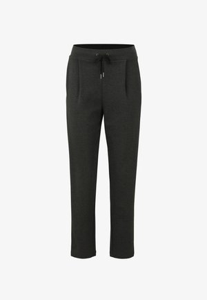 Dunkelgraue Sweatpants aus weichem Stoff, mit einem Kordelzugbund, zwei vorderen Taschen und schmal zulaufenden Beinen.