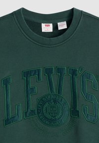 Zelená mikina so zvýšeným nápisom "LEVI'S" a kruhovým logom v rovnakom vyšívaní. Okrúhly výstrih s rebrovanou textúrou. Voľný strih.