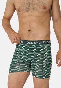 Boxer da uomo verdi con un motivo geometrico. Realizzati in materiale elastico, caratterizzati da un elastico nero etichettato "DANISH ENDURANCE."
