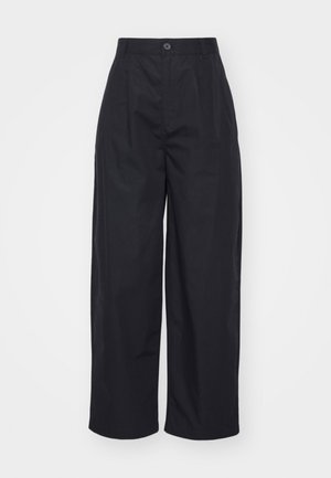 Black wide-leg trousers made of cotton. Features a high waist with a button closure and a smooth texture. No visible patterns or accents.