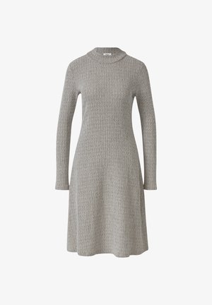 Knit dress with long sleeves, a high neck, and a flared silhouette. Made from a textured gray fabric with subtle color variation.