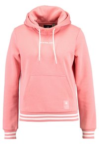 Sudadera rosa con cordón, bolsillo canguro y banda de rayas blanca en los puños y el dobladillo. Presenta un logo en el pecho. Tela suave.
