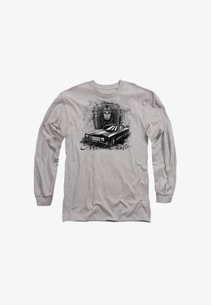 Graues Langarmhemd mit einem schwarzen Grafikdesign eines Oldtimers und dekorativen Elementen sowie dem Text "Monte Carlo" darunter.