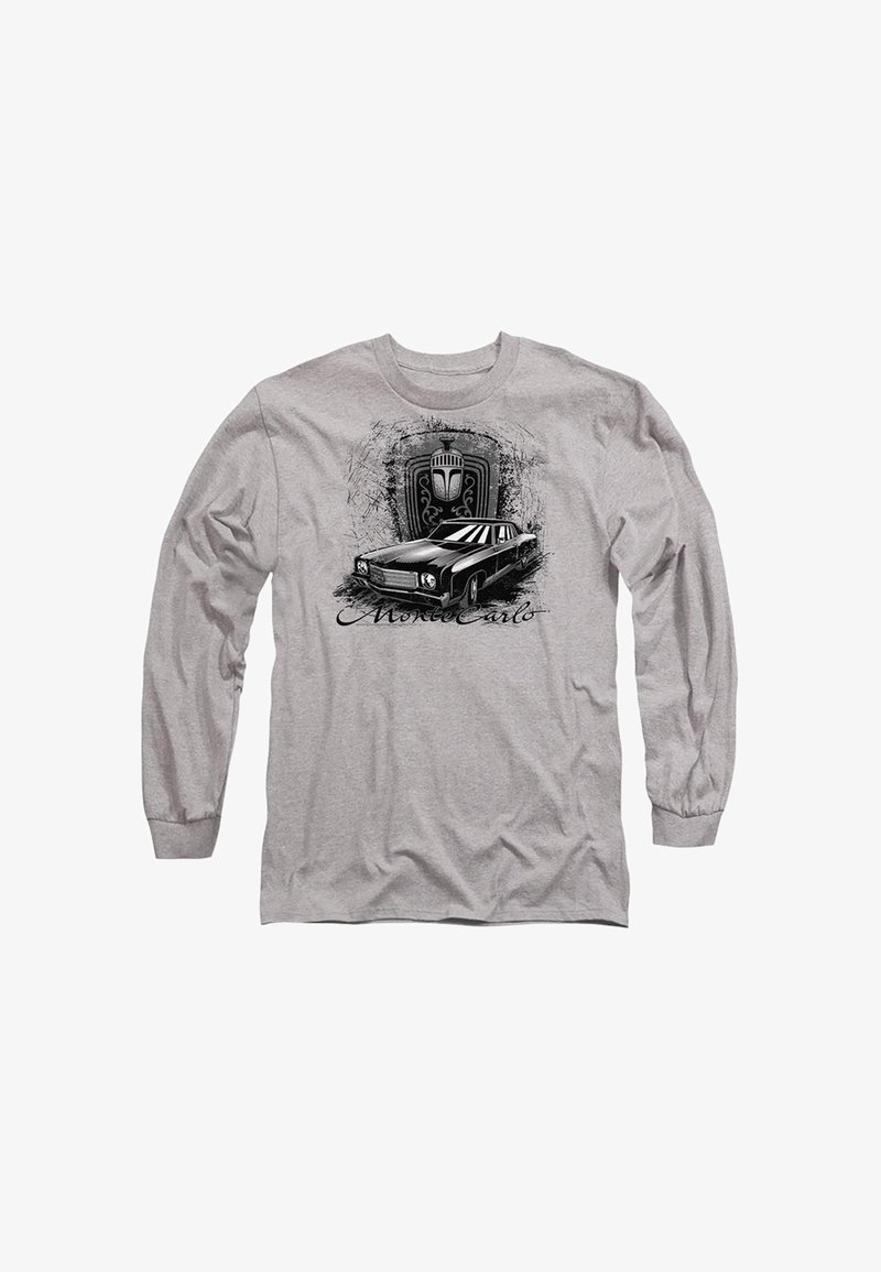 Gray long-sleeve shirt featuring a black graphic design of a vintage car and decorative elements with the text "Monte Carlo" below.