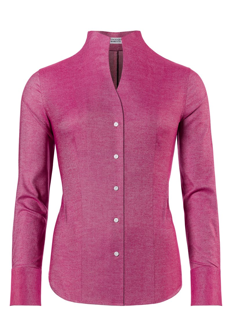 Figurbetontes Langarmshirt aus leuchtend pinkem Stoff, mit Stehkragen, Knopfleiste und glatter Textur mit dezentem Muster.