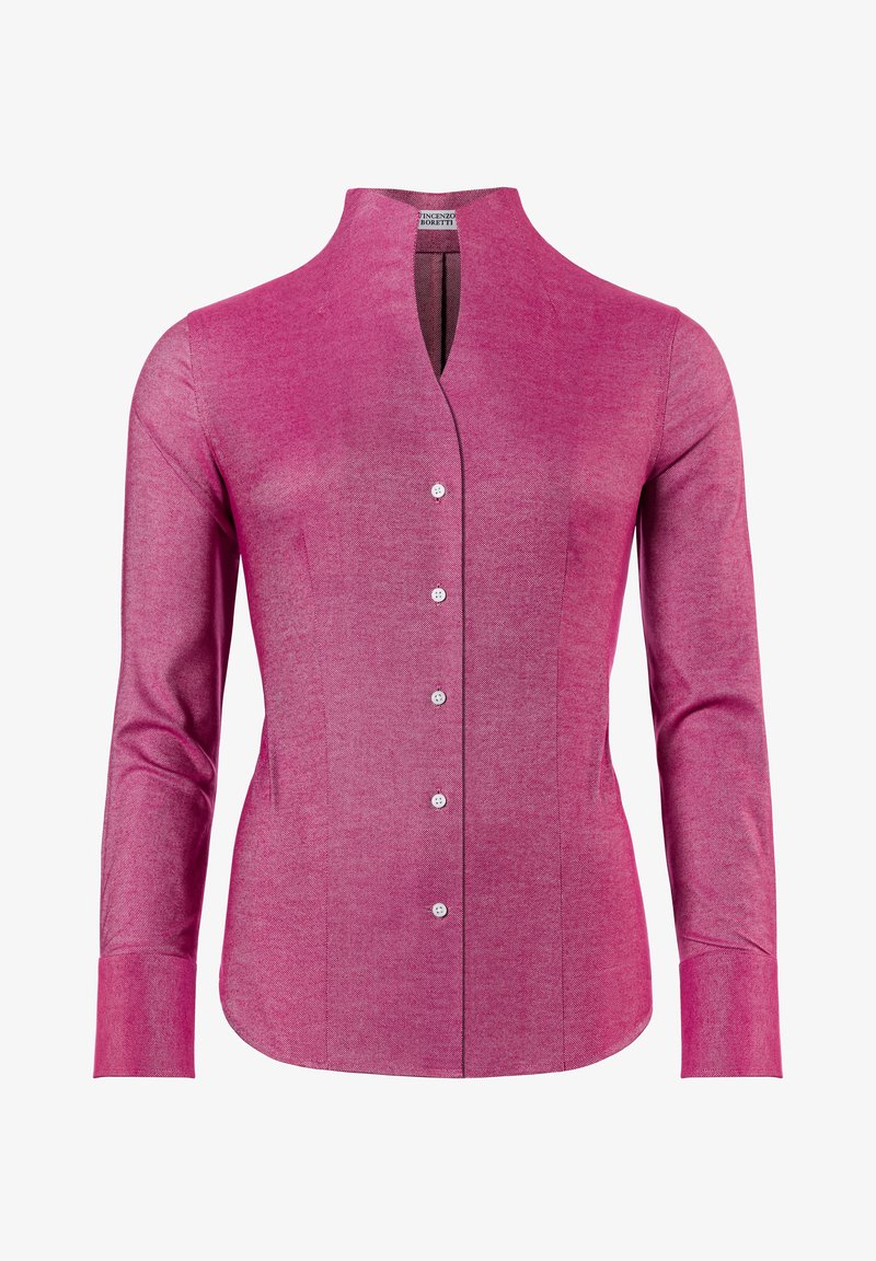 Fitted long-sleeve shirt in vibrant pink fabric, featuring a mandarin collar, a button placket, and smooth texture with subtle pattern.