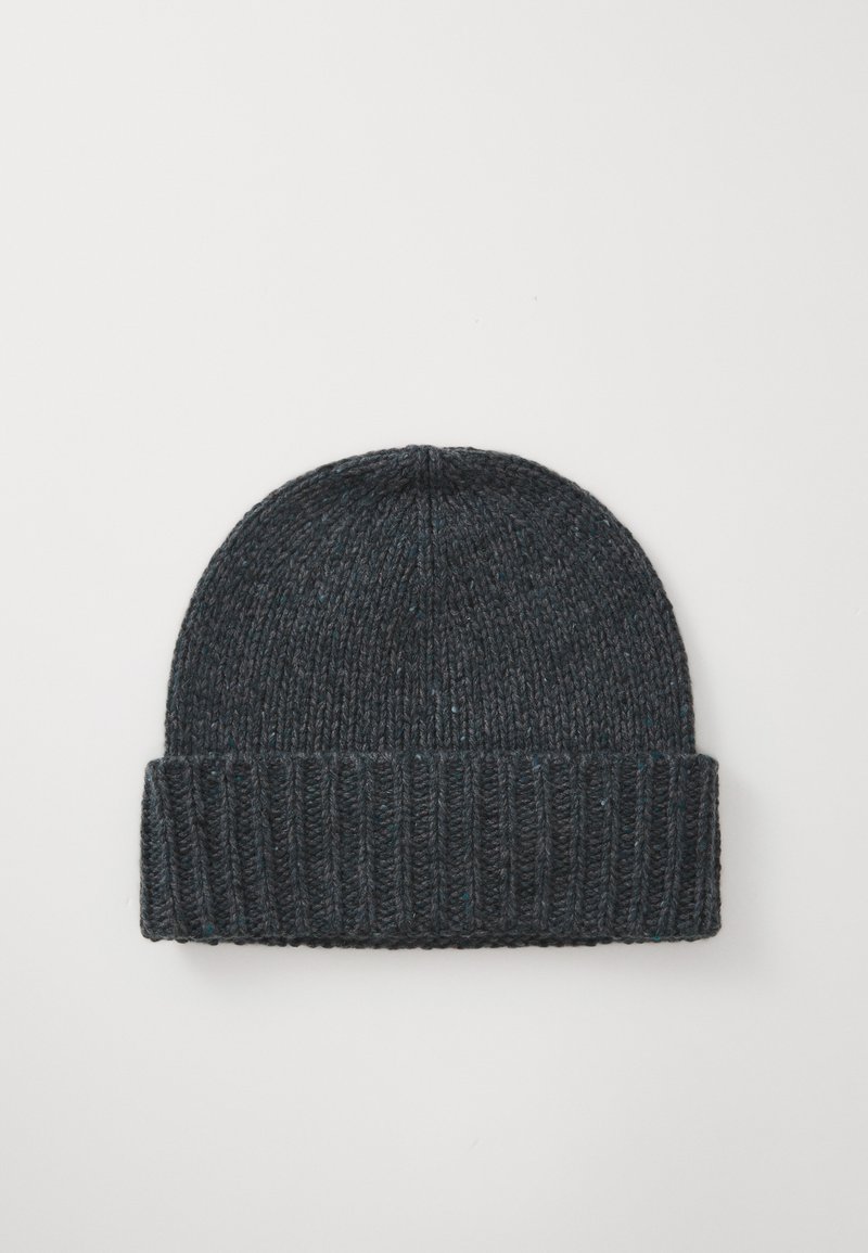 Knitted beanie in dark gray, featuring a ribbed fold-over cuff, soft texture, and a slightly heathered pattern.