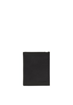 Black leather wallet with a smooth texture, rectangular shape, and stitched edges. Features debossed "LANCASTER" branding on the front.