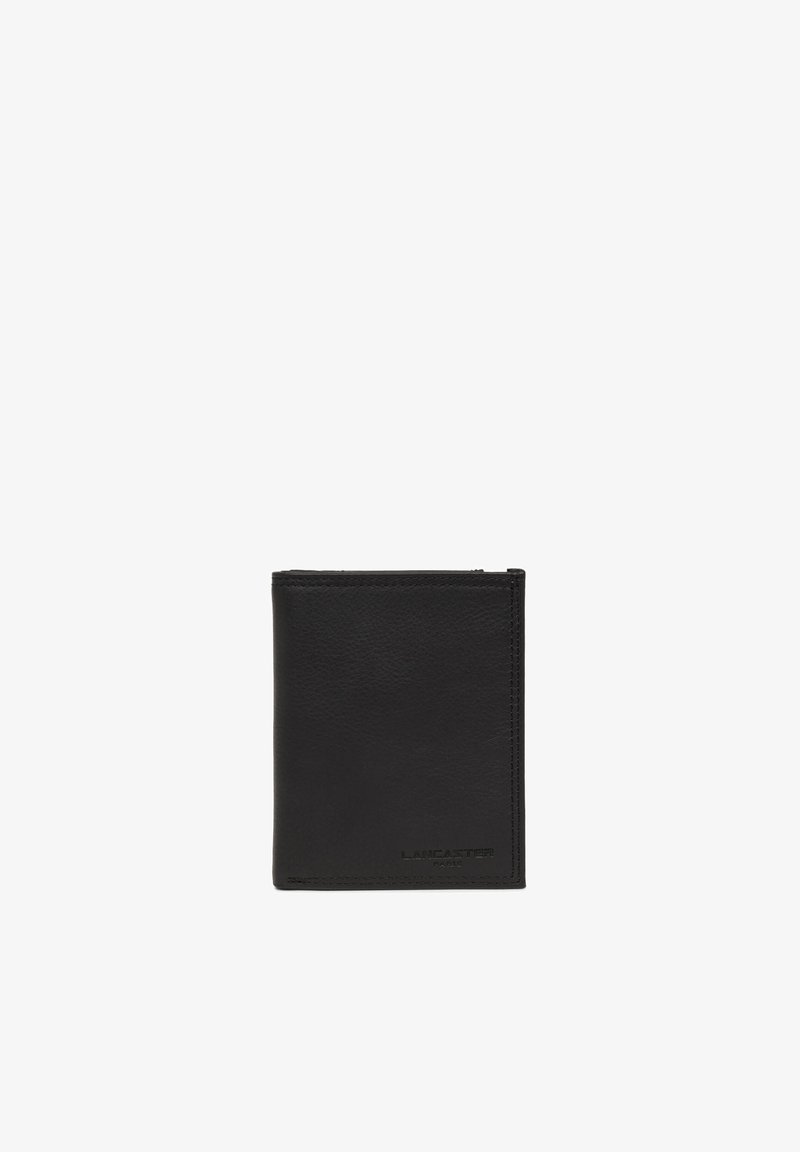 Black leather wallet with a smooth texture, rectangular shape, and stitched edges. Features debossed "LANCASTER" branding on the front.