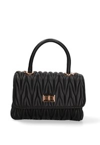 Borsa a tracolla nera trapuntata con design strutturato, dotata di una maniglia piatta in cima, accenti in hardware dorato e superficie texturizzata.