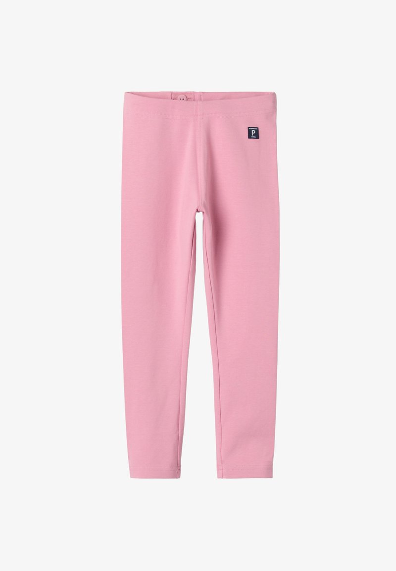 Roze legging gemaakt van zachte, rekbare stof. Heeft een effen kleur met een klein merklabel. Slanke pasvorm, volle lengte, met een elastische tailleband.