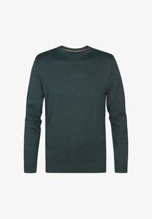 Tmavě zelený svetr vyrobený z pleteného materiálu, s kulatým výstřihem, dlouhými rukávy a pružnými manžetami a lemem. Jednoduchý design bez vzorů.