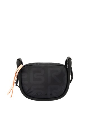 Piccola borsa a tracolla nera con discreto motivo "BR", bordi arrotondati e due tiretti per cerniera in pelle beige sul lato sinistro.