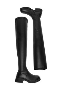 Cizme negre suprapatru care ajung până deasupra genunchilor, fabricate dintr-o piele netedă, cu toc bloc și fermoar lateral pentru o purtare ușoară. Textura este fină și uniformă.