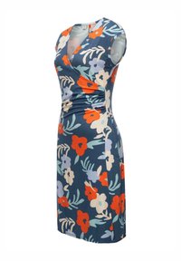 Blumengemustertes Kleid aus dehnbarem Stoff; verfügt über einen V-Ausschnitt, kurze Ärmel und geraffte seitliche Details; Farben sind Navy, Rot und Pastellnuancen.