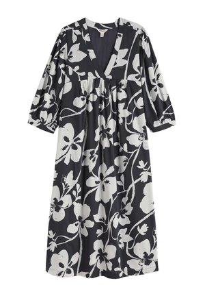 Fekete midi ruha fehér, nagy mintás virágokkal, V-nyakkivágással, háromnegyedes, puffos ujjakkal, húzott mandzsettákkal.