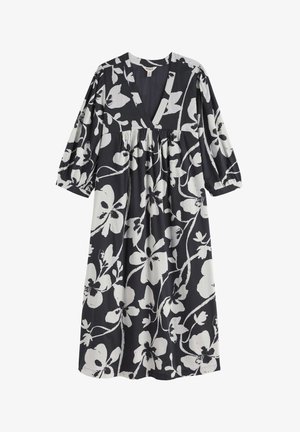 Fekete midi ruha fehér, nagy mintás virágokkal, V-nyakkivágással, háromnegyedes, puffos ujjakkal, húzott mandzsettákkal.