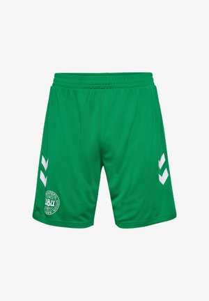 Grønne sports shorts lavet af letvægtsstof, med hvide chevron-detaljer på siderne og et rundt logo-patch. Elastisk talje.