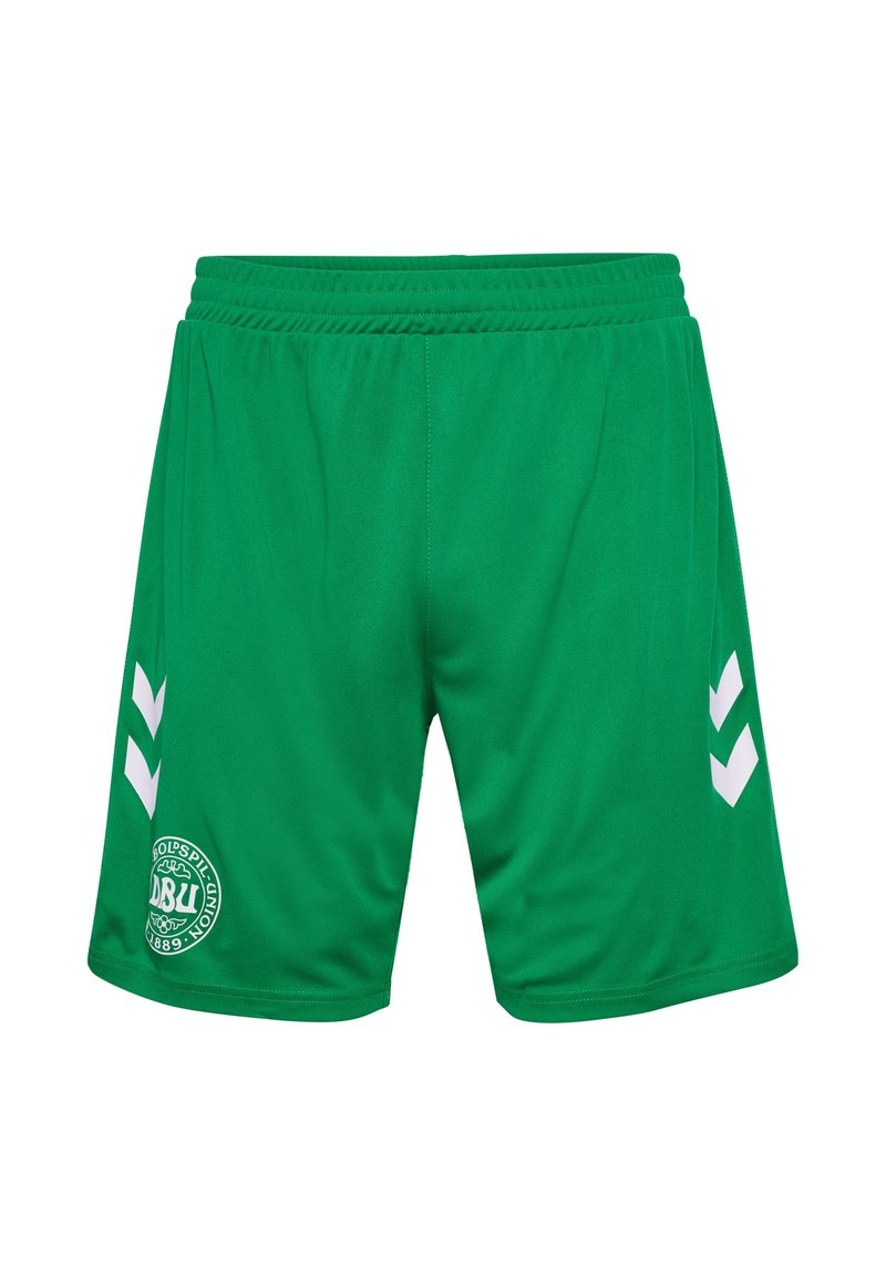 Gröna sportshorts i lätt tyg, med vita chevron-detaljer på sidorna och en cirkulär logotyplapp. Elastisk midja.