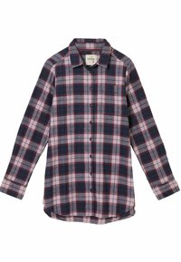 Flannel shirt featuring a plaid pattern in navy, pink, and gray. Long sleeves, button-up front, and a slightly curved hem.