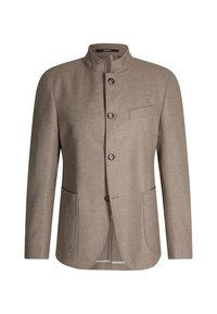 Beiger Herren-Wollblazer mit Stehkragen, vier Knöpfen vorne, zwei aufgesetzten Taschen vorne und einer Brustleistentasche.