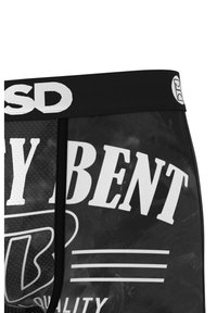 Black boxer briefs featuring a textured waistband with white logo, bold lettering, and a smooth finish with graphic print detail.