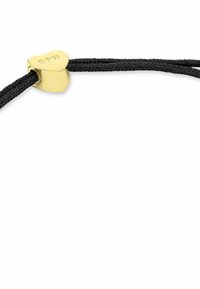 Corda intrecciata nera con un chiusura a forma di cuore dorata, caratterizzata da dettagli incisi. La chiusura è lucida e liscia, in contrasto con la corda texture.