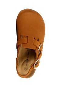 Brune lædertræsko med en rundet tå, to spænder og en tekstureret indersål. Har en glat finish og et minimalistisk design.