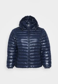 Marineblauer Puffer-Jacke mit Kapuze, ausgestattet mit einem gesteppten Design, glänzender Textur, Frontreißverschluss und elastischen Bündchen für einen sicheren Sitz.