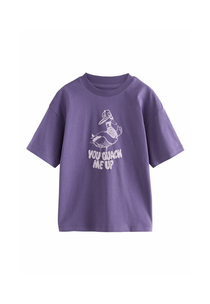 Purple cotton t-shirt with short sleeves, featuring a graphic of a duck and the text "YOU QUACK ME UP" in white. Simple, casual design.