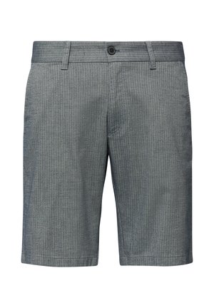 Szare teksturowane męskie spodenki do kolan z guzikiem i szlufkami na pasek, przednimi kieszeniami oraz smukłym krojem.