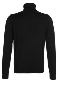 Schwarzer Rollkragenpullover mit geripptem Kragen und Bündchen, glatter Textur und taillierter Passform mit einem schlichten Rücken.