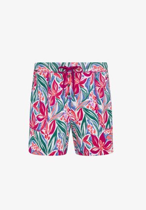 Kolorowe szorty kąpielowe z kwiatowym wzorem w odcieniach różu, zieleni i niebieskiego. Zawierają elastyczny pas ze sznurkiem i kieszenie boczne.