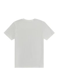 Camiseta de algodón blanca, de manga corta, cuello redondo, textura suave, diseño liso, sin logotipos ni patrones visibles, vista trasera mostrada.