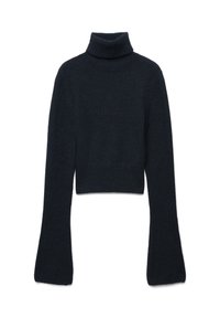 Krótkotrwały sweter z golfem w ciemnym granacie, wykonany z miękkiego, teksturowanego materiału; posiada długie, rozszerzane rękawy oraz ściągacz u dołu i na kołnierzu.