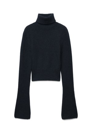 Krótkotrwały sweter z golfem w ciemnym granacie, wykonany z miękkiego, teksturowanego materiału; posiada długie, rozszerzane rękawy oraz ściągacz u dołu i na kołnierzu.