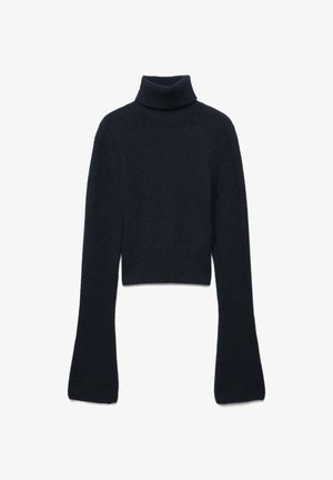 Maglione a collo alto cropped in blu scuro, realizzato con materiale soft e testurizzato; presenta maniche lunghe e svasate, e orlo e colletto a coste.