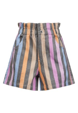 Spodenki w paski z pionowymi wzorami w odcieniach szarości, pomarańczowego, niebieskiego i fioletowego, z elastycznym pasem i bocznymi kieszeniami.
