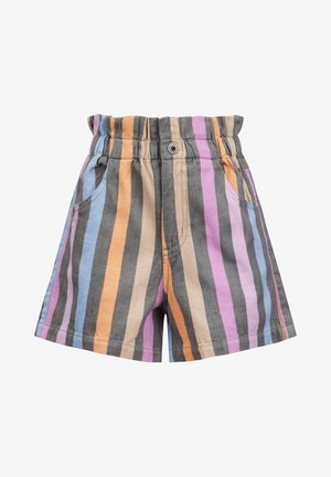 Spodenki w paski z pionowymi wzorami w odcieniach szarości, pomarańczowego, niebieskiego i fioletowego, z elastycznym pasem i bocznymi kieszeniami.