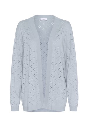 Cardigan en tricot ouvert gris clair avec une coupe décontractée, présentant des motifs en forme de losange et des poignets et un ourlet côtelés.
