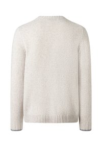 Beige gestrickter Pullover mit langen Ärmeln, gerippten Bündchen und Saum, von hinten auf einem weißen Hintergrund gezeigt.